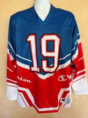 Champion Blue Red White Hockey Jersey with #19